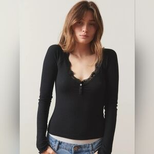 Urban Outfitters Out From Under Diana Layering Lace-Trim Black Henley Top